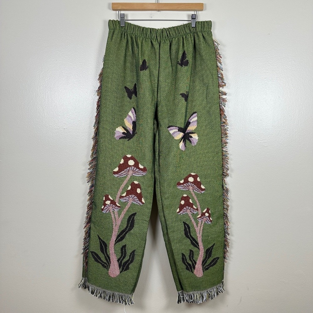 Earthbound Trading Co Women's XL Tapestry Pants Green Mushroom Butterfly Fringe